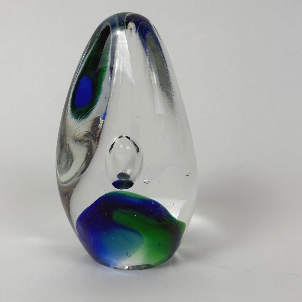 Vintage 1980s Oval Glass Paperweight with Large Bubbles Blue Green Glass Decor